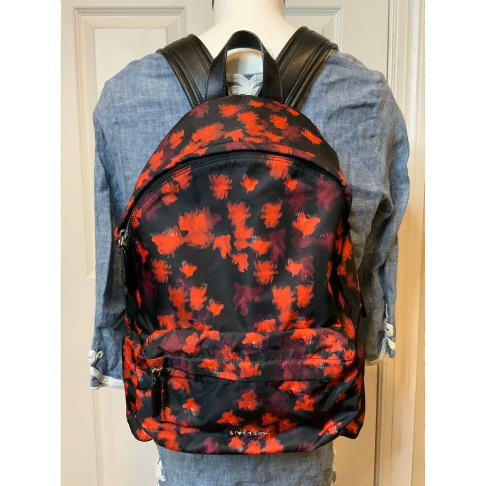 Givenchy Unisex Red Black Rose Floral Foliage Nylon Backpack W/ Leather Straps